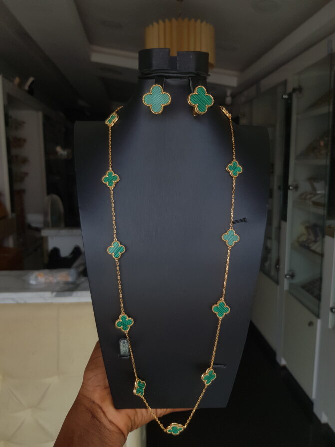 Brazilian Gold Green Vancleef Long-Chain With Earrings